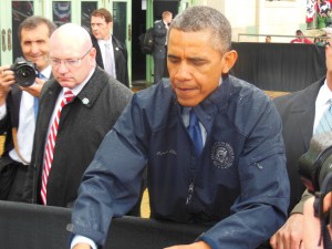 with the President on the boardwalk by Convention Hall in a steady rain