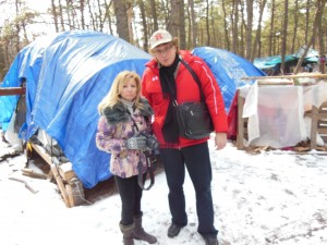 on assignment with NJ Discover LIVE radio/TV co-host Tara-Jean Vitale at Tent City Lakewood where 100 homeless people lived.